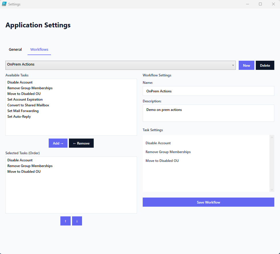 Settings Workflow Screen